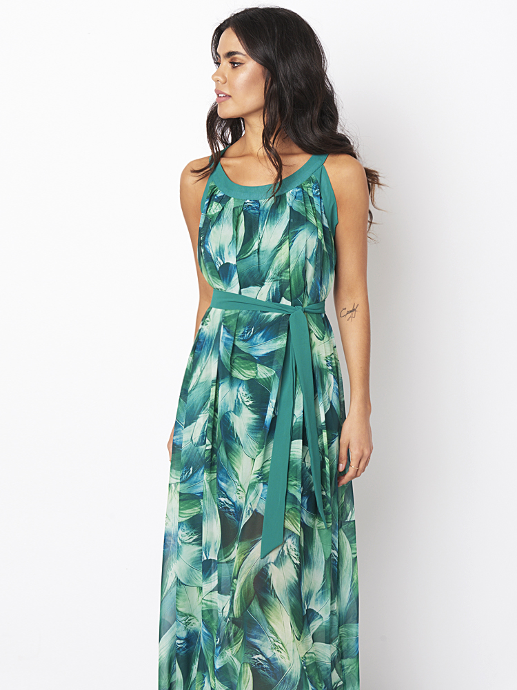 Bohemian-Women-Feather-Print-Chiffon-Loose-Hem-Maxi-Dress-With-Belt-1125550