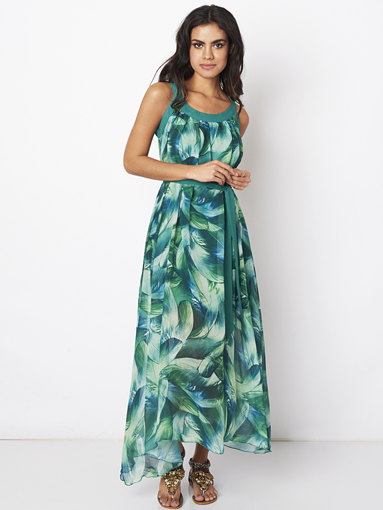 Bohemian-Women-Feather-Print-Chiffon-Loose-Hem-Maxi-Dress-With-Belt-1125550