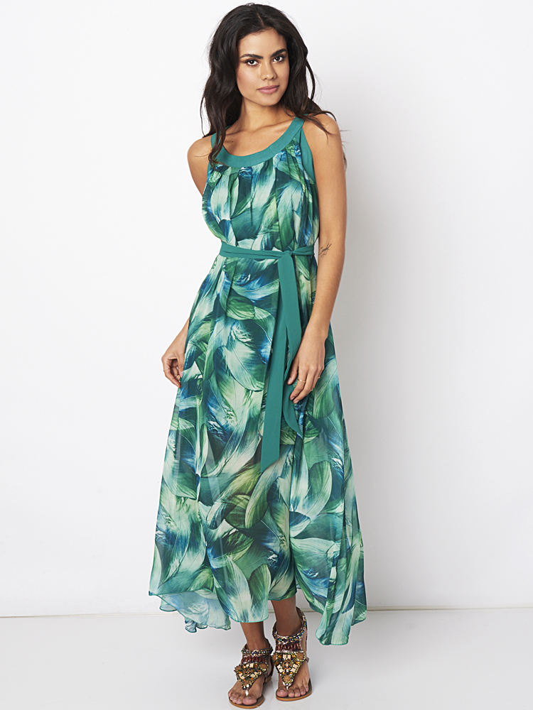 Bohemian-Women-Feather-Print-Chiffon-Loose-Hem-Maxi-Dress-With-Belt-1125550