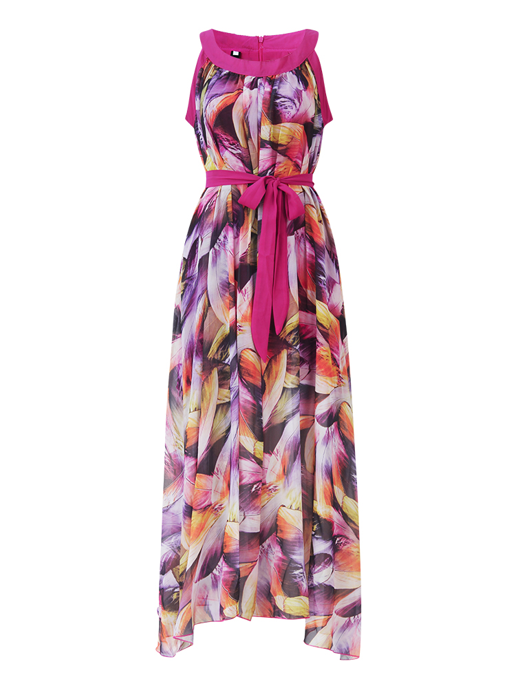 Bohemian-Women-Feather-Print-Chiffon-Loose-Hem-Maxi-Dress-With-Belt-1125550