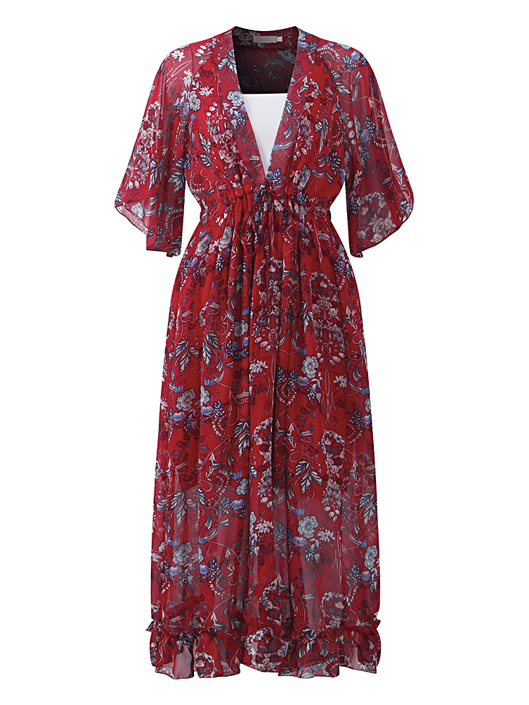 Bohemian-Women-V-Neck-Floral-Printed-High-Waist-Flared-Sleeve-Chiffon-Dress-1175396