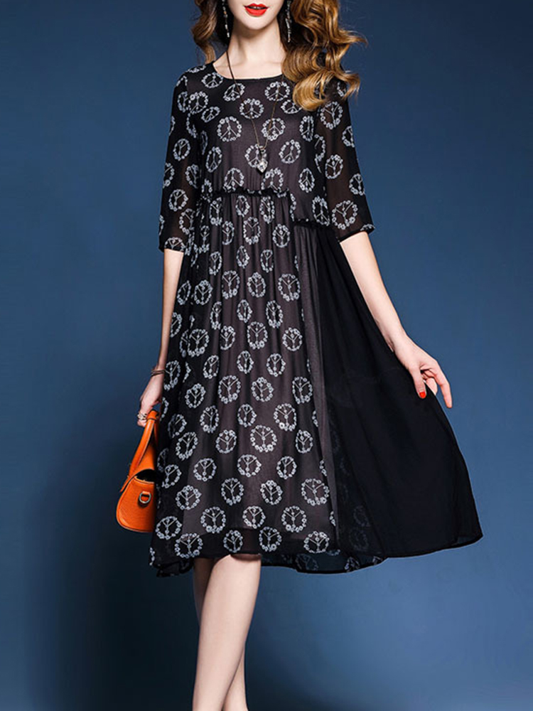 Casual-Women-Floral-Printed-Patchwork-O-Neck-Chiffon-Black-Dress-1292907