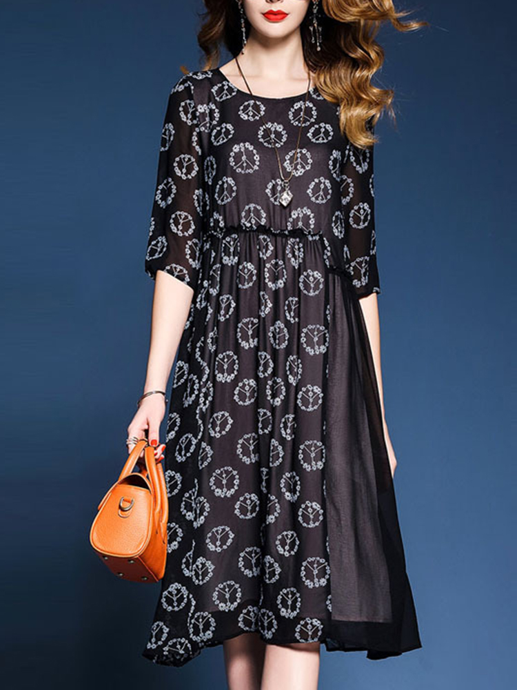 Casual-Women-Floral-Printed-Patchwork-O-Neck-Chiffon-Black-Dress-1292907