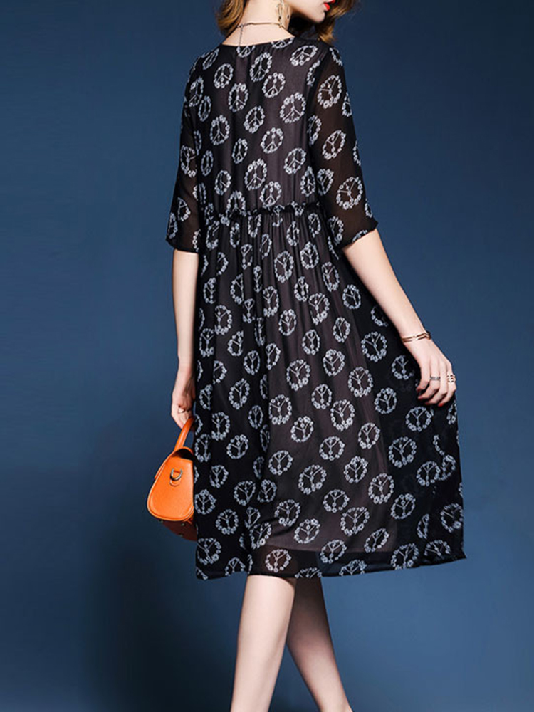 Casual-Women-Floral-Printed-Patchwork-O-Neck-Chiffon-Black-Dress-1292907
