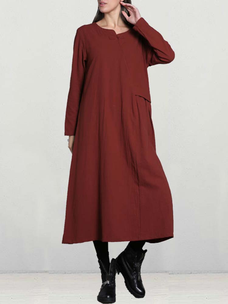 Casual-Women-Long-Sleeve-Solid-Color-Cotton-Loose-Dress-1288884