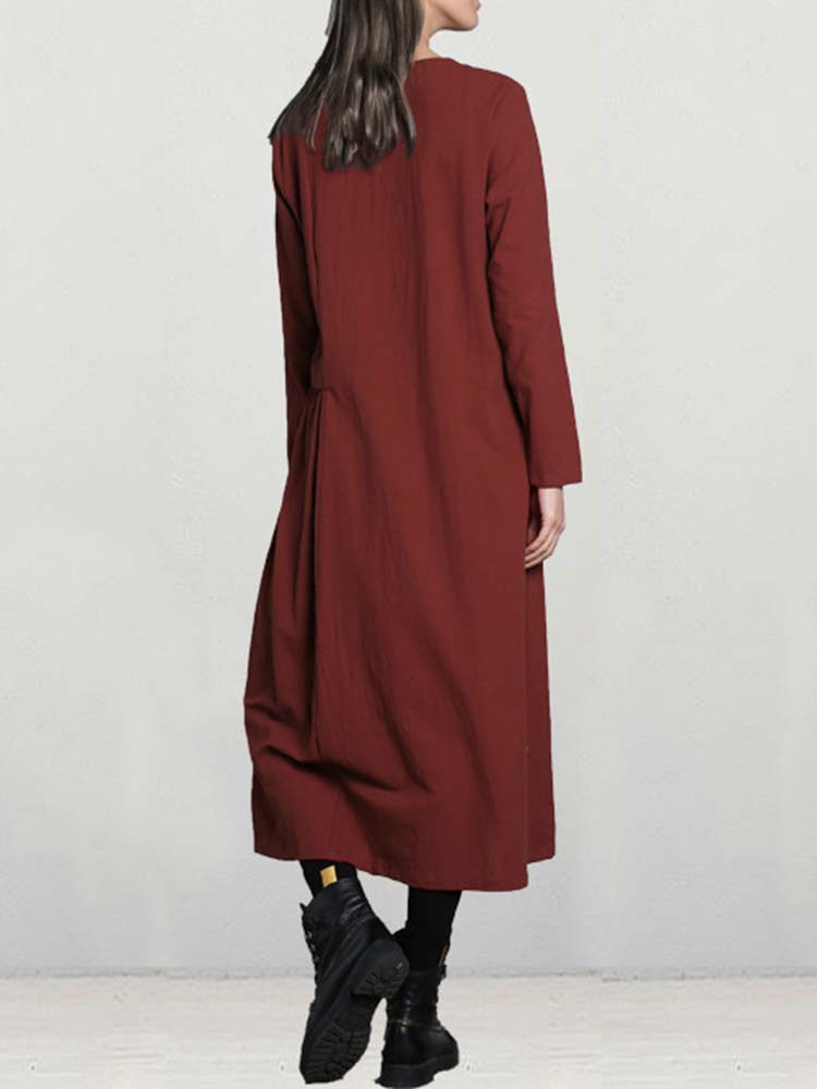 Casual-Women-Long-Sleeve-Solid-Color-Cotton-Loose-Dress-1288884