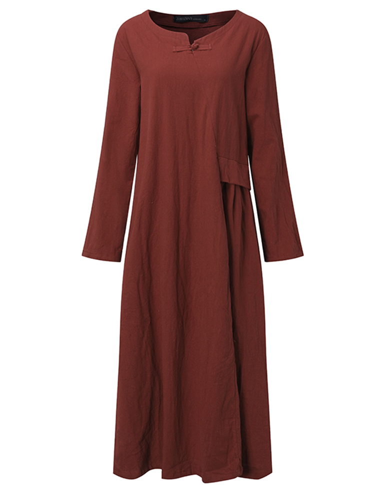 Casual-Women-Long-Sleeve-Solid-Color-Cotton-Loose-Dress-1288884