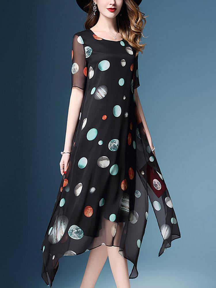 Chiffon-Polka-Dot-Short-Sleeve-Loose-O-neck-Irregular-Hem-Dress-1288420