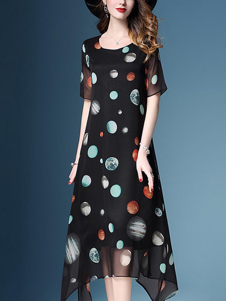 Chiffon-Polka-Dot-Short-Sleeve-Loose-O-neck-Irregular-Hem-Dress-1288420