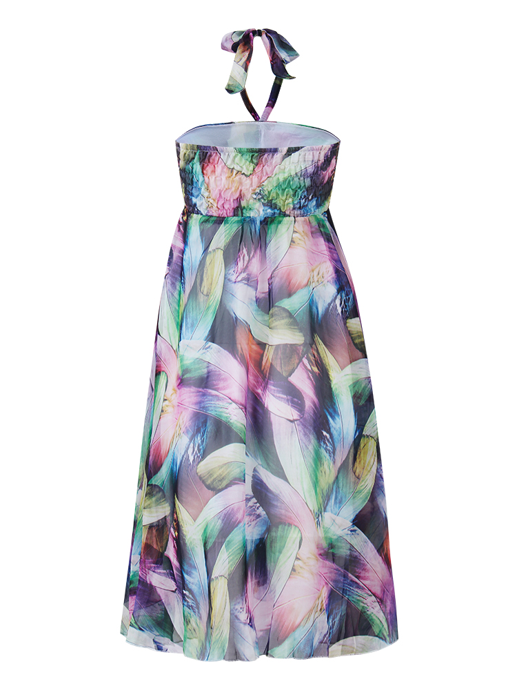 Women-Halter-Multicolor-Feather-Printed-Beach-Chiffon-Dress-1125611