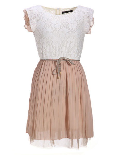 Womens-Beige-Lace-Dress-Sleeveless-Pleated-Vest-Waist-Mini-Dress-64155