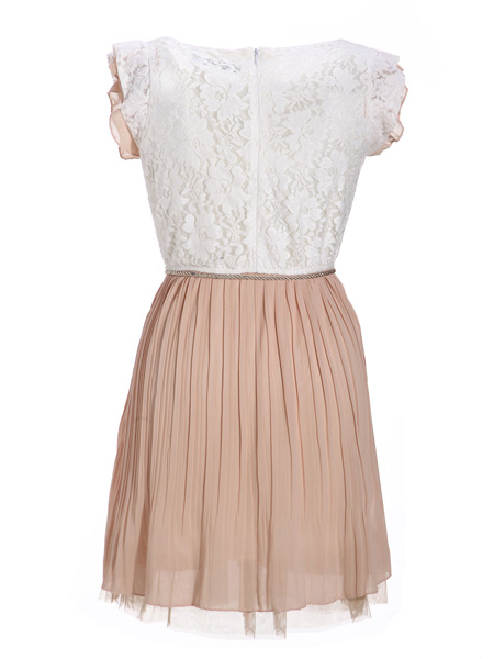 Womens-Beige-Lace-Dress-Sleeveless-Pleated-Vest-Waist-Mini-Dress-64155