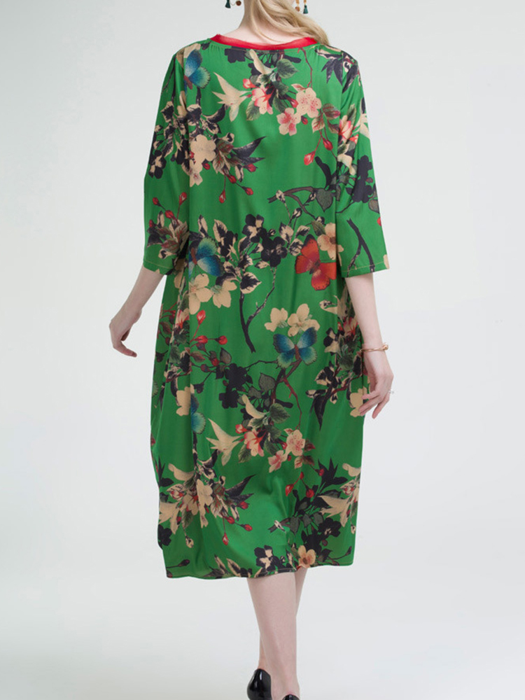 Casual-Women-Floral-Printed-O-Neck-34-Sleeve-Dress-1268485