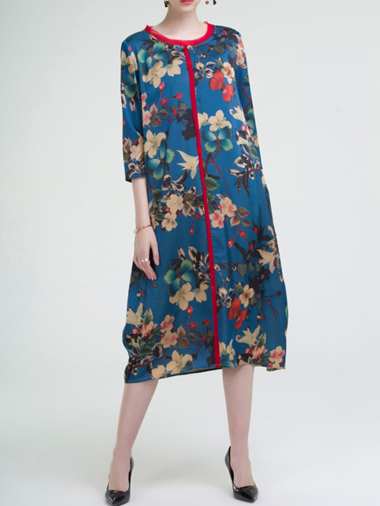 Casual-Women-Floral-Printed-O-Neck-34-Sleeve-Dress-1268485