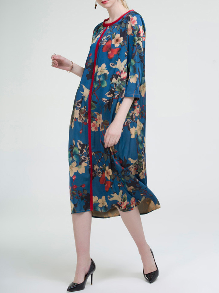Casual-Women-Floral-Printed-O-Neck-34-Sleeve-Dress-1268485