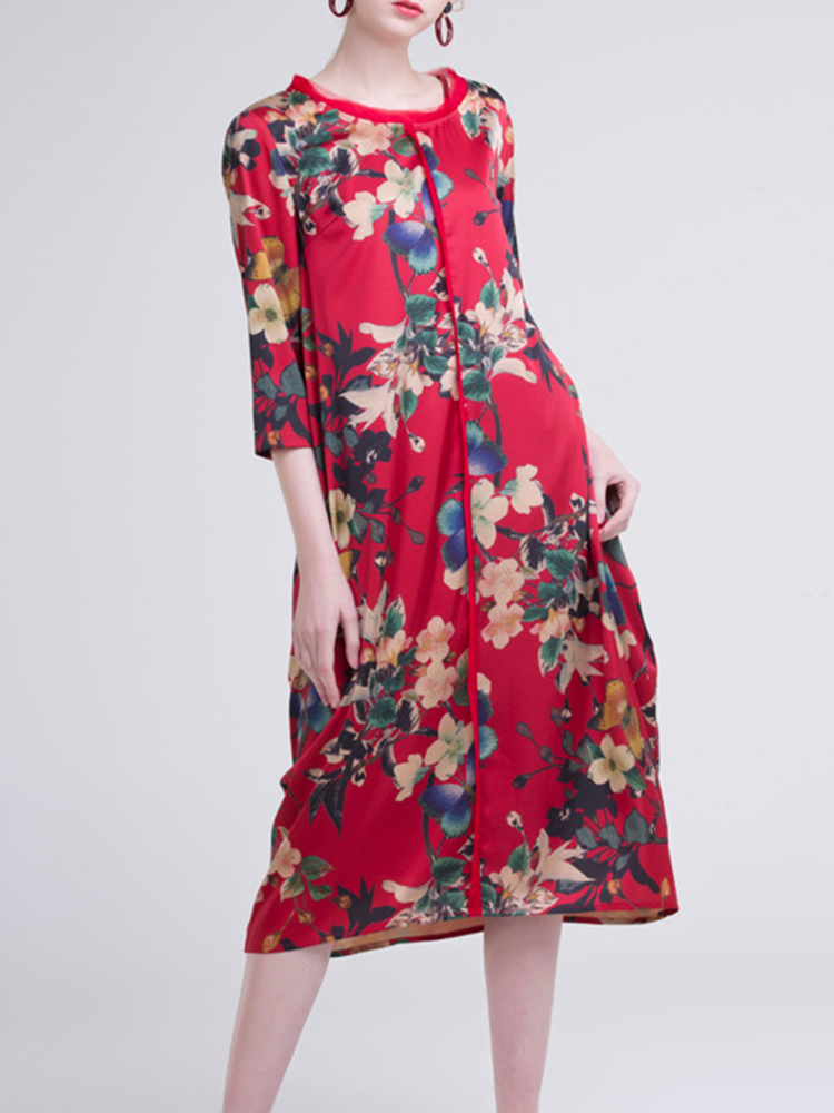 Casual-Women-Floral-Printed-O-Neck-34-Sleeve-Dress-1268485