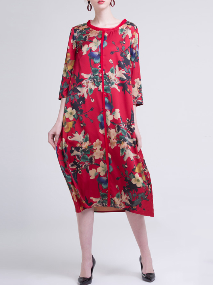 Casual-Women-Floral-Printed-O-Neck-34-Sleeve-Dress-1268485