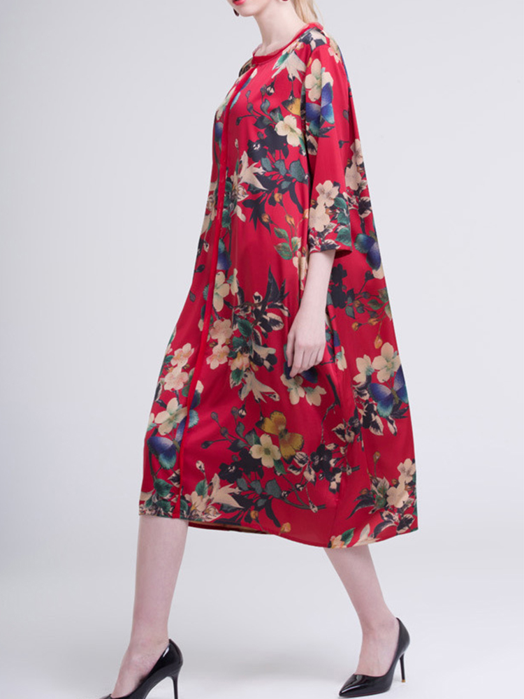 Casual-Women-Floral-Printed-O-Neck-34-Sleeve-Dress-1268485