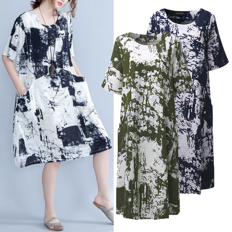 Casual-Women-Printed-Half-Sleeve-Pocket-Tunic-Dress-1173217