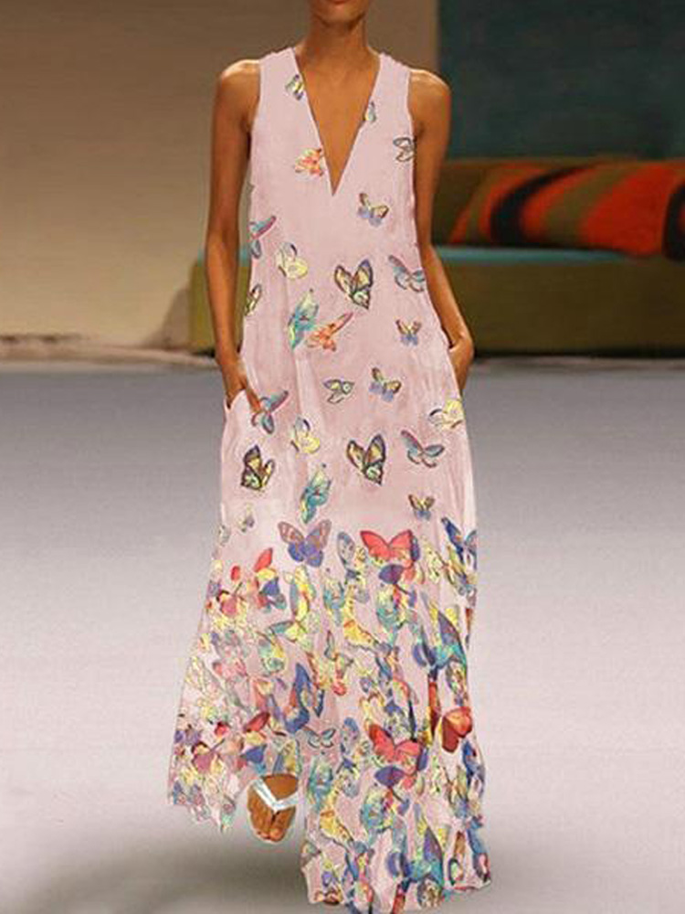 Elegant-Butterfly-Print-Bohemian-V-neck-Sleeveless-Maxi-Dress-1456089