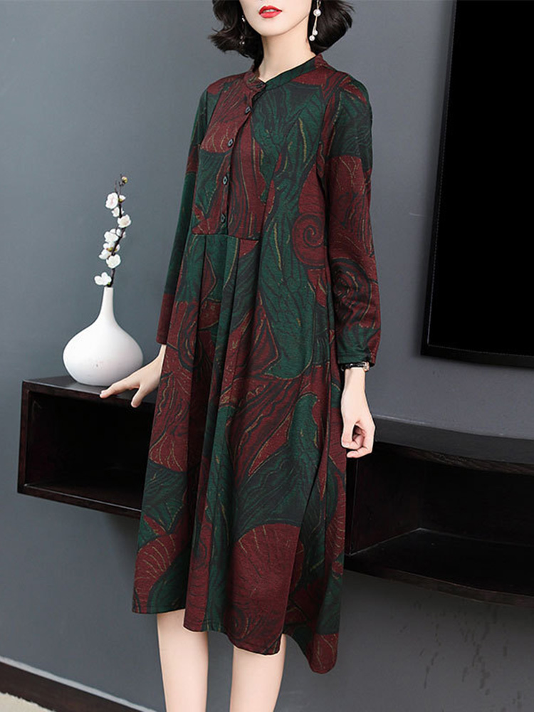 Elegant-Floral-Print-Button-Stand-Collar-Long-Sleeve-Dress-1367199