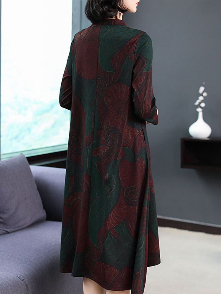 Elegant-Floral-Print-Button-Stand-Collar-Long-Sleeve-Dress-1367199