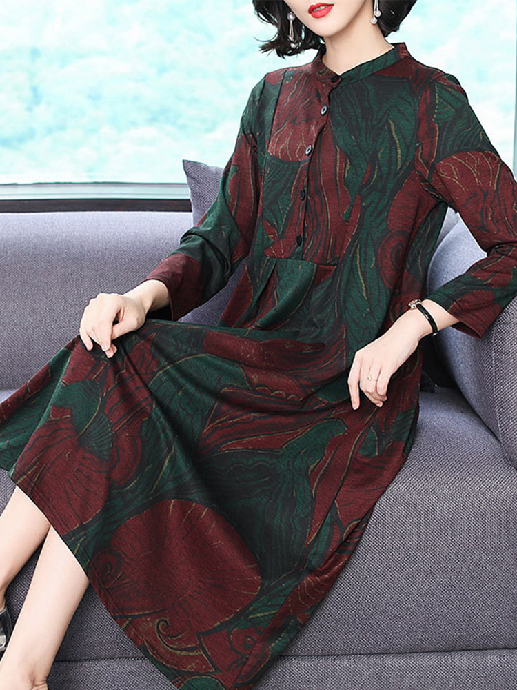 Elegant-Floral-Print-Button-Stand-Collar-Long-Sleeve-Dress-1367199