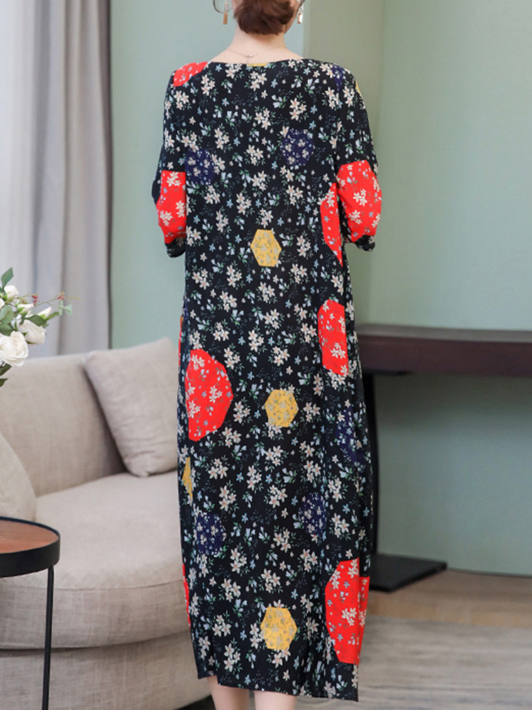 Elegant-Floral-Print-Crew-Neck-34-Sleeve-Loose-Hem-Dress-1427578