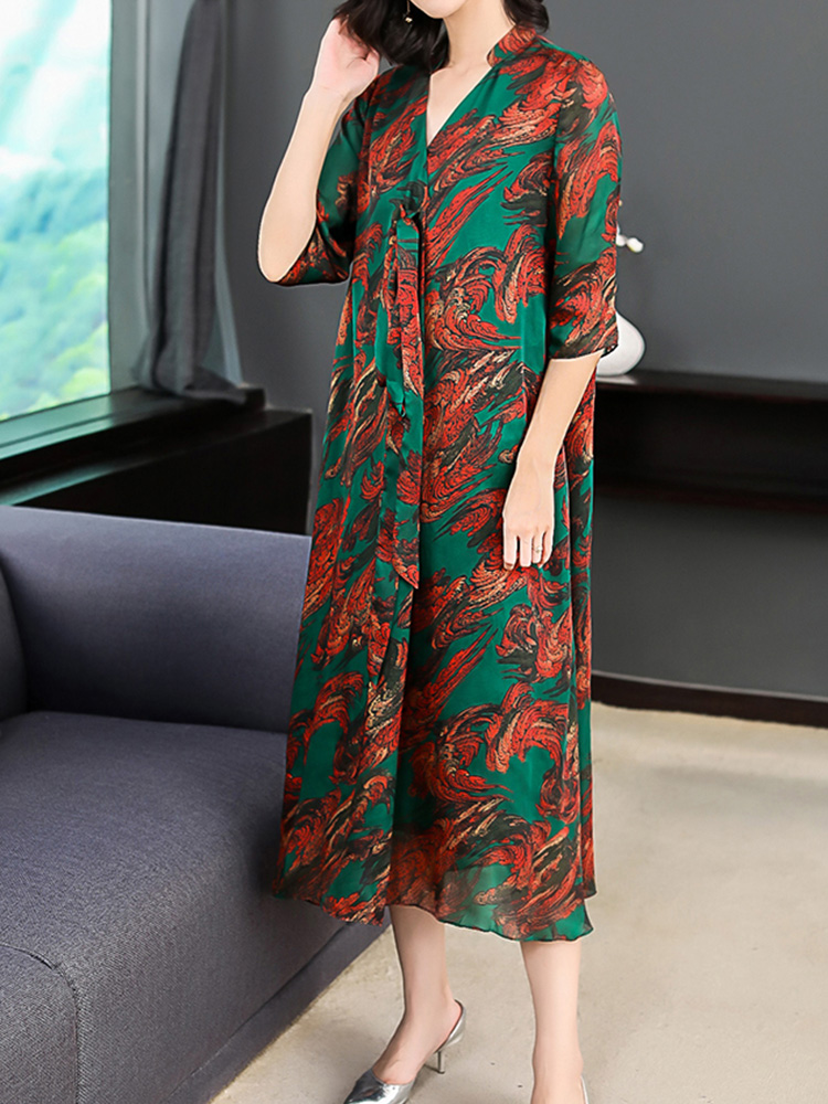 Elegant-Floral-Print-V-neck-Half-Sleeve-Mid-long-Dress-1368703
