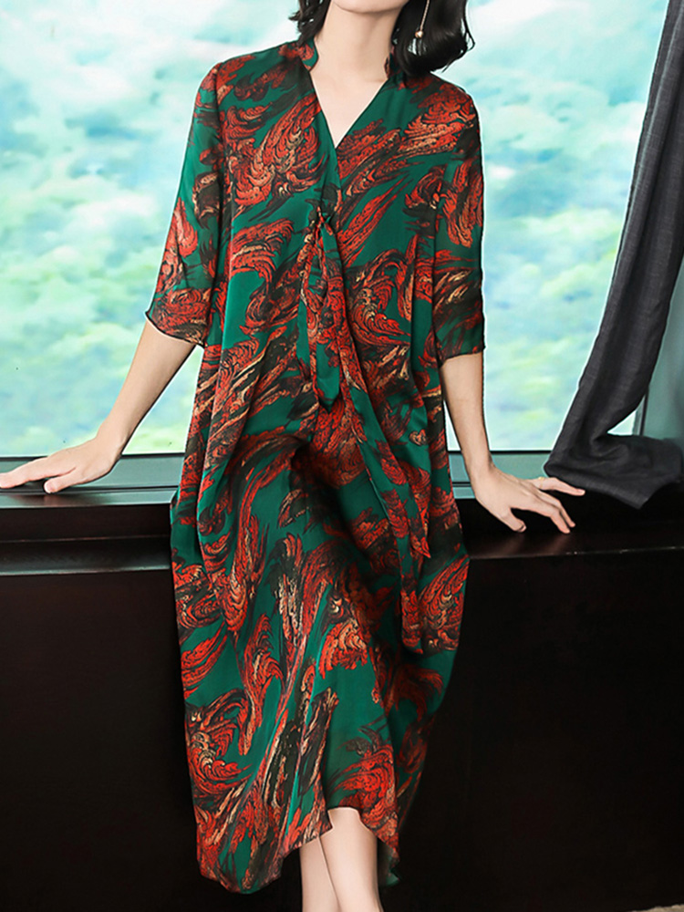 Elegant-Floral-Print-V-neck-Half-Sleeve-Mid-long-Dress-1368703