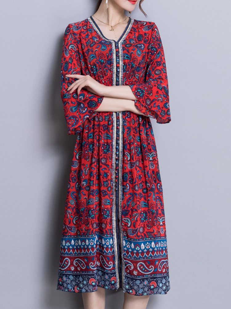 Elegant-Floral-Print-V-neck-Silk-Bell-Sleeve-Dress-1274464
