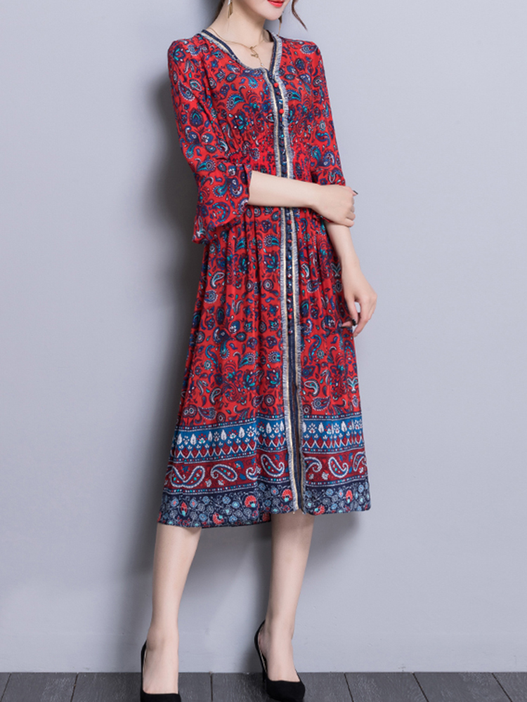 Elegant-Floral-Print-V-neck-Silk-Bell-Sleeve-Dress-1274464