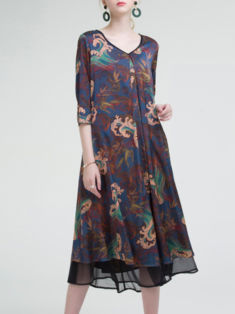 Ethnic-Women-Printed-V-Neck-Mesh-Patchwork-34-Sleeve-Dress-1267515