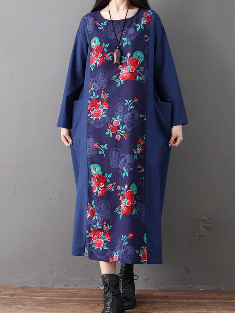 Folk-Style-Print-Patchwork-O-neck-Long-Sleeve-Dress-1345022