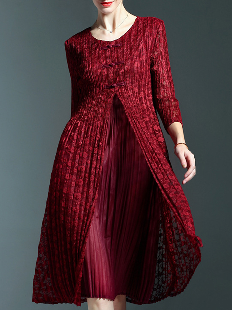 Elegant-Women-34-Sleeve-Front-Slit-Fake-Two-Piece-Lace-Pleated-Dress-1256154