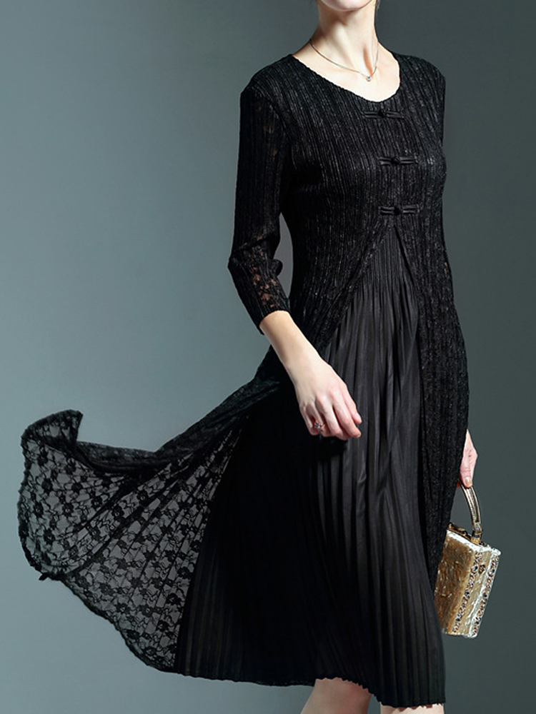 Elegant-Women-34-Sleeve-Front-Slit-Fake-Two-Piece-Lace-Pleated-Dress-1256154
