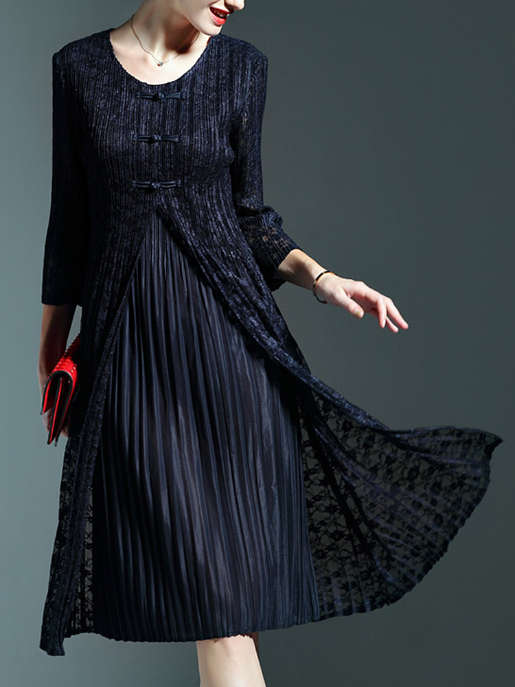 Elegant-Women-34-Sleeve-Front-Slit-Fake-Two-Piece-Lace-Pleated-Dress-1256154