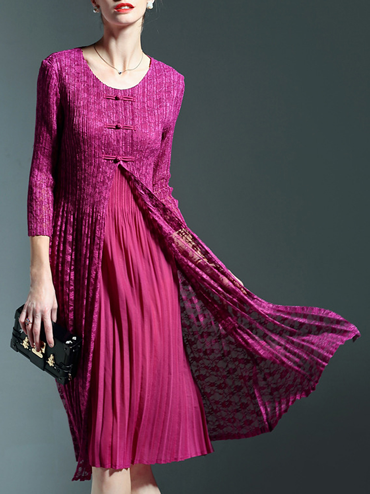 Elegant-Women-34-Sleeve-Front-Slit-Fake-Two-Piece-Lace-Pleated-Dress-1256154