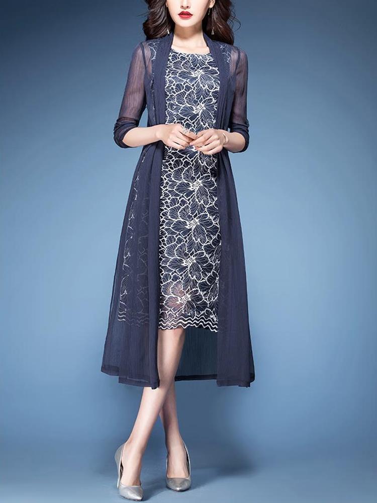 Elegant-Women-34-Sleeve-Two-Pieces-Set-Floral-Chiffon-Dress-1288357