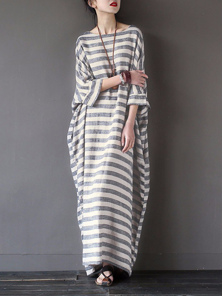 Casual-Women-34-Sleeve-Striped-O-Neck-Baggy-Cotton-Maxi-Dress-1089030