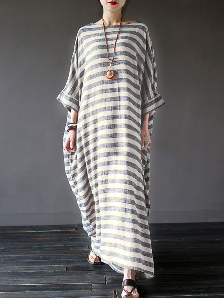 Casual-Women-34-Sleeve-Striped-O-Neck-Baggy-Cotton-Maxi-Dress-1089030