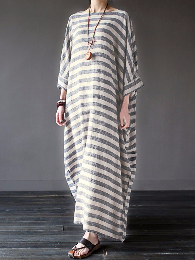 Casual-Women-34-Sleeve-Striped-O-Neck-Baggy-Cotton-Maxi-Dress-1089030