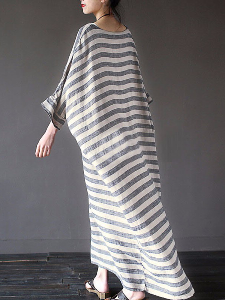 Casual-Women-34-Sleeve-Striped-O-Neck-Baggy-Cotton-Maxi-Dress-1089030