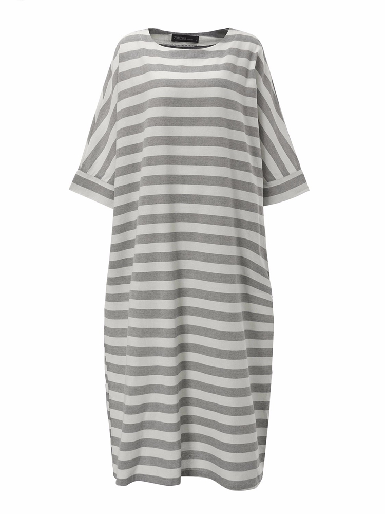 Casual-Women-34-Sleeve-Striped-O-Neck-Baggy-Cotton-Maxi-Dress-1089030