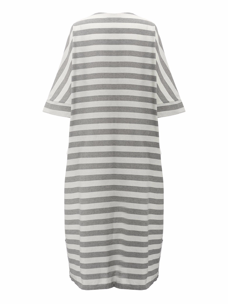 Casual-Women-34-Sleeve-Striped-O-Neck-Baggy-Cotton-Maxi-Dress-1089030