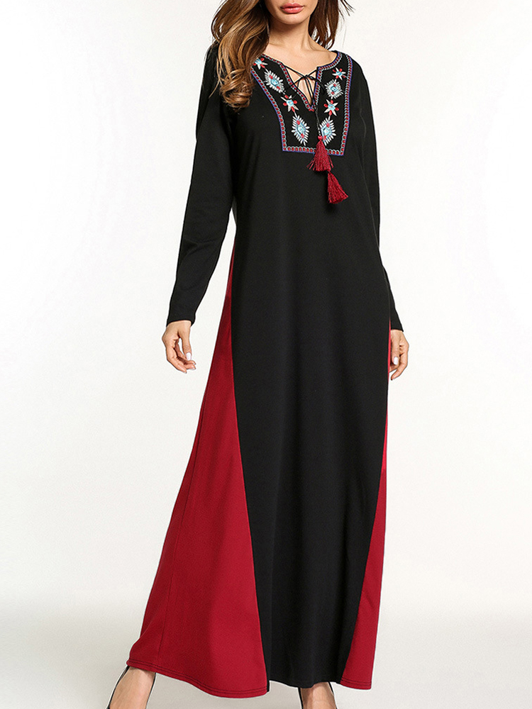 Ethnic-Women-Embroidery-V-Neck-Lace-Up-Long-Sleeve-Maxi-Dress-1252180