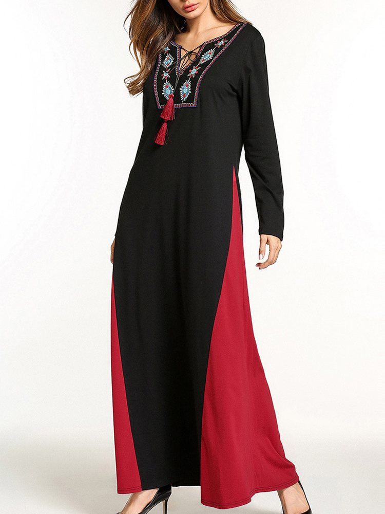 Ethnic-Women-Embroidery-V-Neck-Lace-Up-Long-Sleeve-Maxi-Dress-1252180