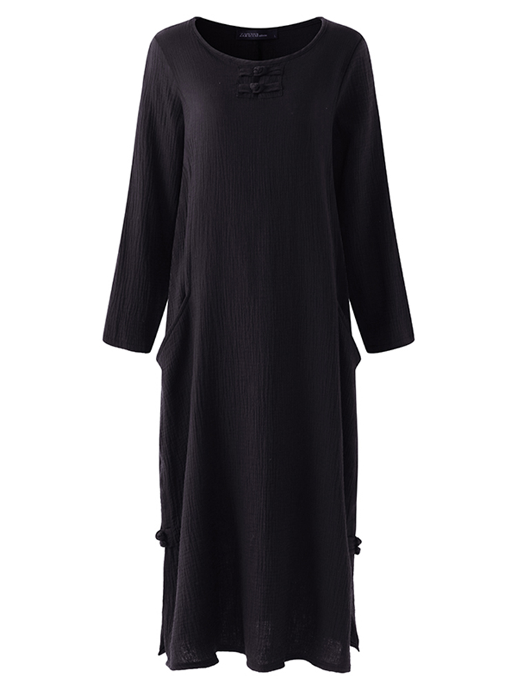 Retro-Women-O-Neck-Long-Sleeve-Solid-Color-Pocket-Maxi-Dress-1261953