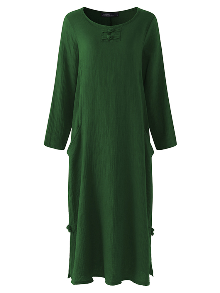 Retro-Women-O-Neck-Long-Sleeve-Solid-Color-Pocket-Maxi-Dress-1261953