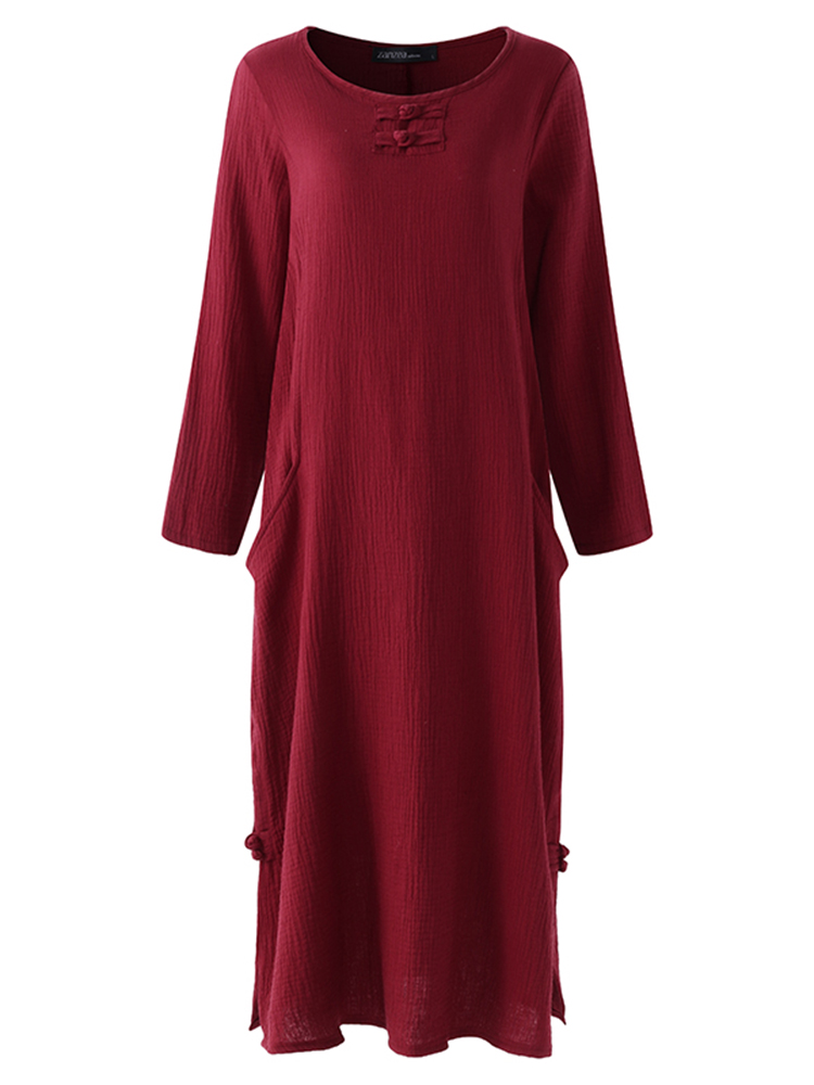 Retro-Women-O-Neck-Long-Sleeve-Solid-Color-Pocket-Maxi-Dress-1261953